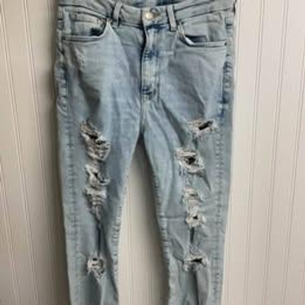 H&M &Denim Super Skinny High Waist Distressed Ripped Jeans Light Wash Size 8